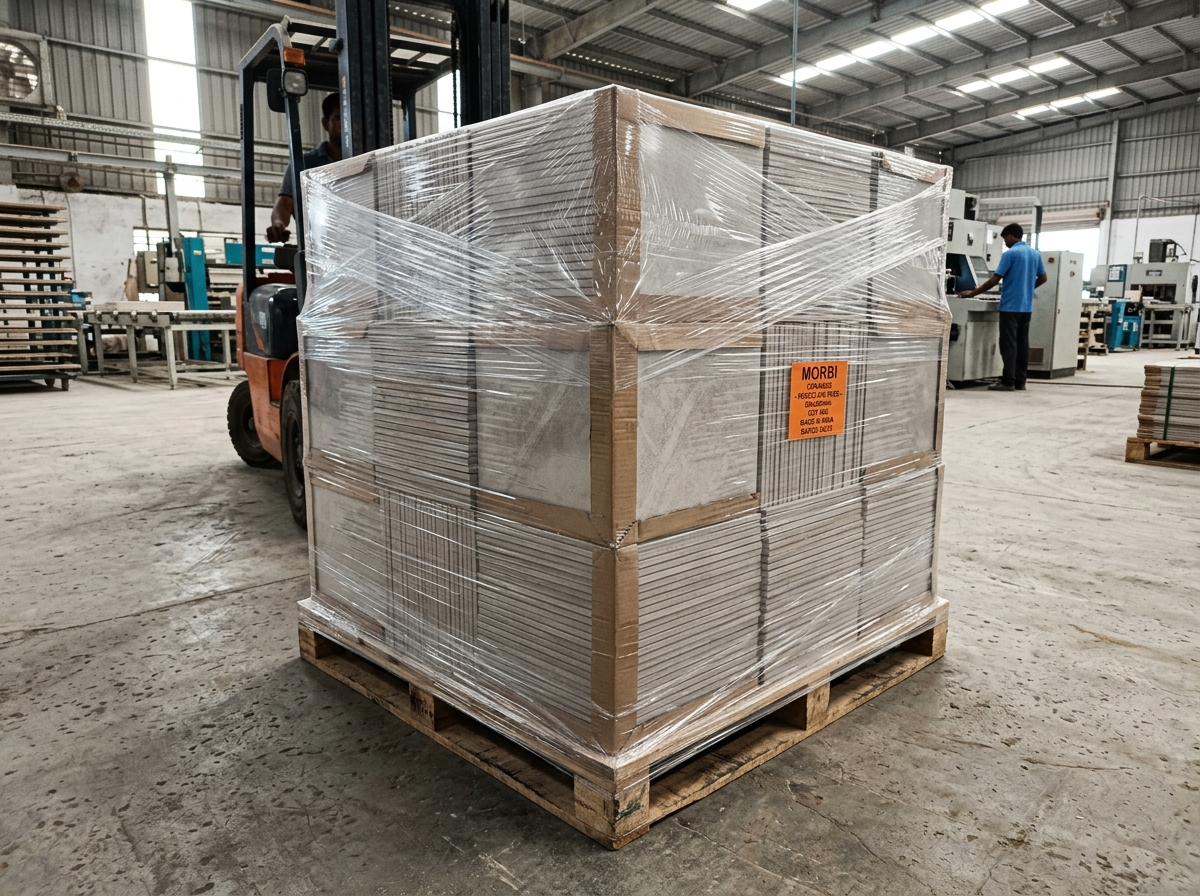 Ceramic Tile Pallet Base Wrapped with LD Liner Packaging in Morbi Plant